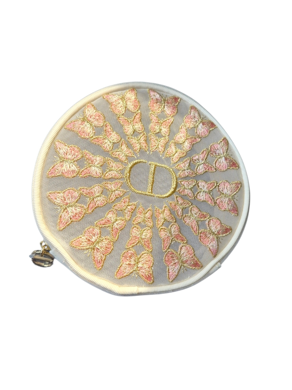 Christian Dior round beauty pouch featuring intricate pink and gold embroidered